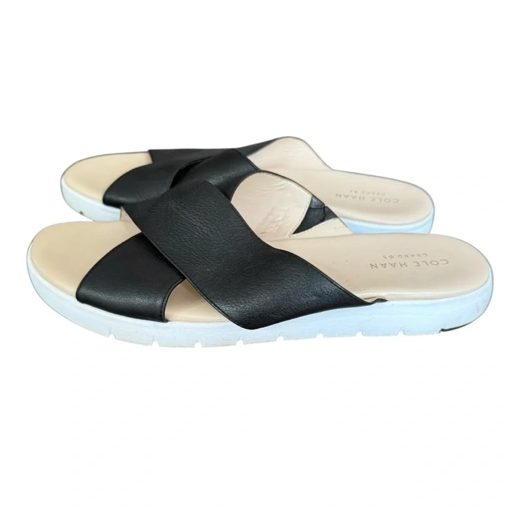 Cole Haan Women's Grand.OS Criss Cross Black Leather Slide Sandals 8.5